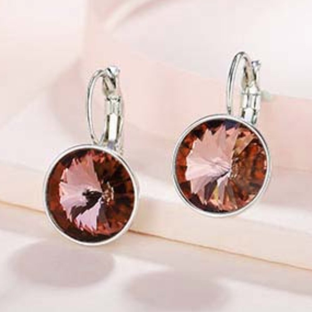 Silver Round Garnet Brown Diamond Crystal Drop Hoop Earrings Gorgeous Gift - Picture 1 of 6